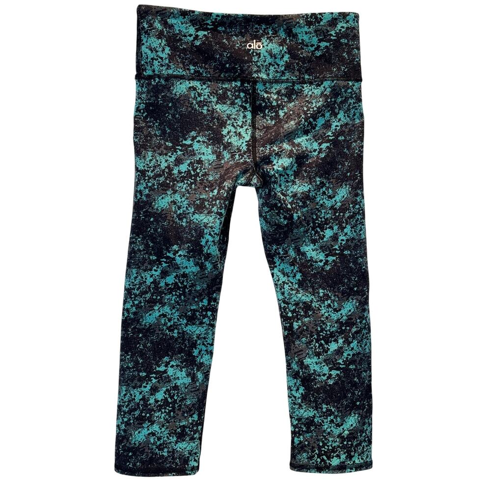 Alo Yoga Leggings Womens XS Black Green Airbrush Splattered Capri Running Gym